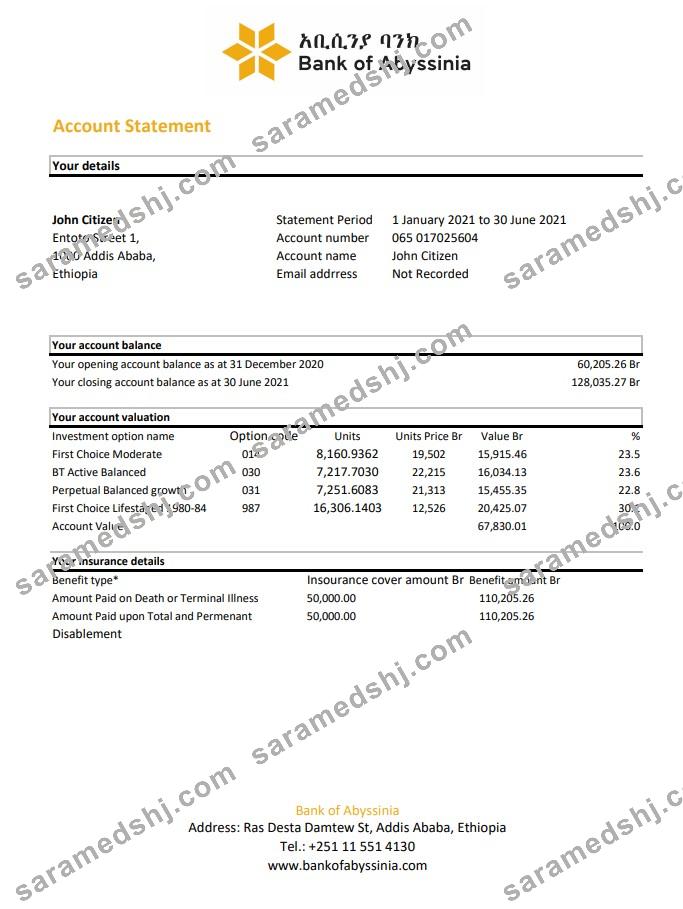 Ethiopia Bank of Abyssinia bank statement easy to fill template in .xls and .pdf file format